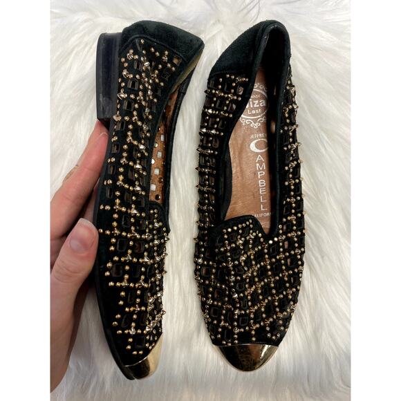 JEFFREY CAMPBELL Handmade Ibiza Stud Laser Cut Loafer Suede Black Size 6.5 - Picture 1 of 11